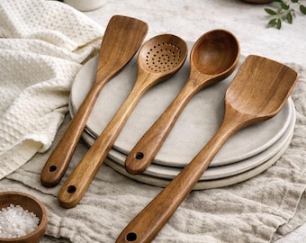 Teak Wooden Utensil Set – 4 Piece Natural Kitchen Cooking Tools