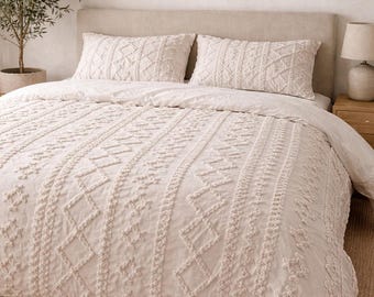 Handmade Boho Tufted Duvet Cover Set | Embroidered Neutral Bedding