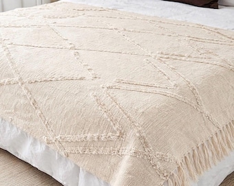 Bohemian Tufted Throw Blanket | Textured Slub Cotton Fringe Sofa Bed Cover