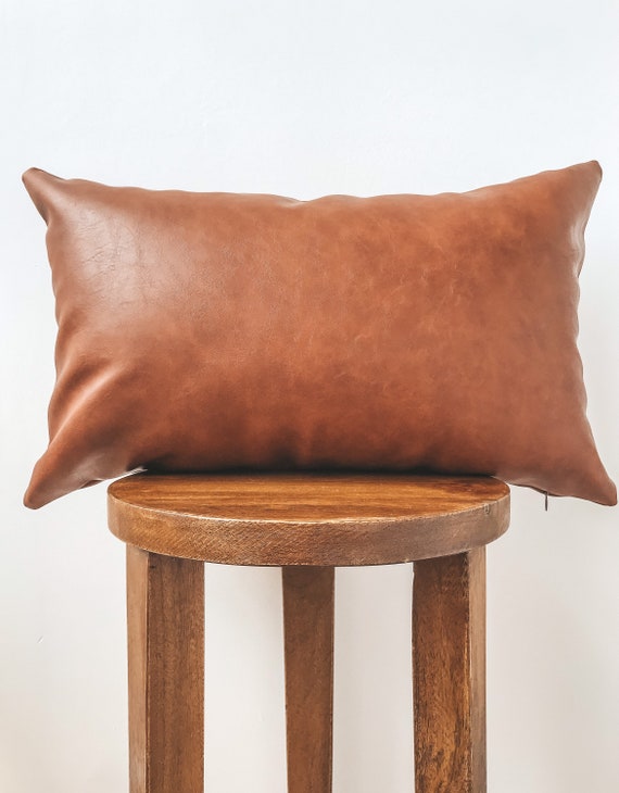 Vegan Cognac Brown Faux Leather Pillow, Faux Leather Sofa Cushion Covers