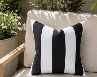 Black White Cabana Stripe Outdoor Pillow Cover (18x18") | Coastal Patio Cushion