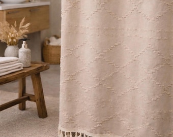 Boho Tufted Shower Curtain | Farmhouse Beige Diamond Pattern with Tassels