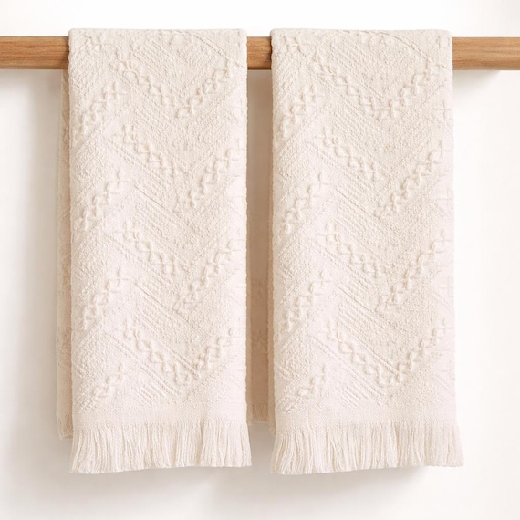 Cream Turkish Cotton Hand Towels, Fringe Detail, Quick Dry Absorbent Spa Towels