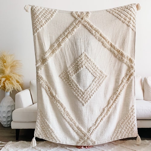 Handwoven Beige Cotton Throw Blanket Bohemian Blanket Tan Etsy