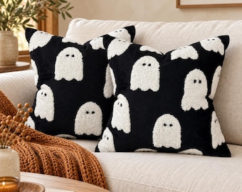 Set of 2 Black Ghost Pillows, Halloween Throw Pillow Set, Tufted Ghost Accent Pillows, Spooky Fall Home Decor, 18x18