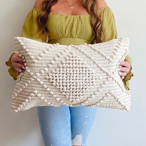 Beige Embroidered Lumbar Pillow Cover – 12x20” Handmade Textured Boho Throw Pillow