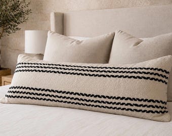 Cream Beige Black Striped Lumbar Pillow Cover 14x36, Woven Boho Accent Cushion