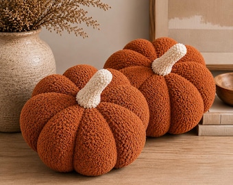 Pumpkin Pillow Set of 2 | Burnt Orange Teddy Boucle Throw Pillows | 11” Fall Decor | Cozy Autumn Home Decor | Halloween Decorations