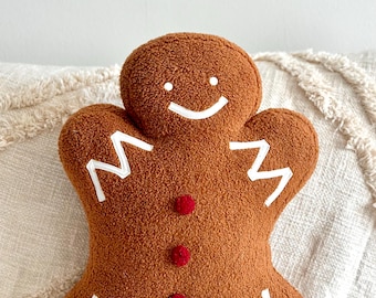 Gingerbread Man Christmas Pillow | Cozy Brown Bouclé Holiday Accent | Stuffed Decorative Gingerbread Pillow | Neutral Christmas Decor