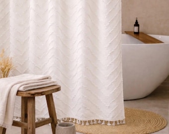 White Tufted Chevron Shower Curtain – Boho Tassel Bathroom Decor