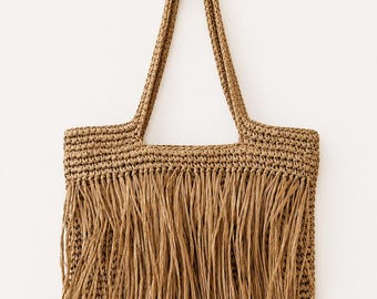 Handwoven Raffia Fringe Tote Bag | Boho Beach Shoulder Purse