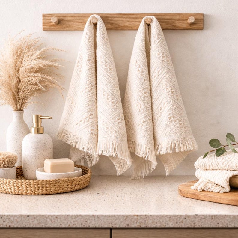 May include: Two cream-colored, fringed towels hang from a wooden rack. The towels have a geometric pattern. A soap dispenser, soap, and a woven tray with a brush are on the counter. A vase with dried pampas grass is on the left.