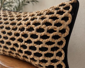 Black Jute Lumbar Pillow Cover | 12x20 Woven Boho Accent Pillow