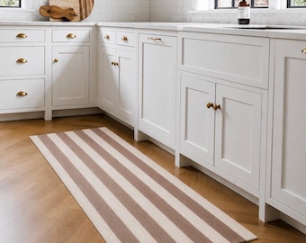 Taupe Cream Striped Runner Rug 24x51, Boho Farmhouse Hallway Accent Floor Rug
