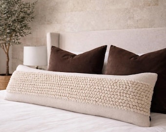 14x36 Cream Lumbar Pillow Cover Textured Kilim Woven Neutral Boho Farmhouse Bed Decor