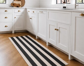 Black Cream Striped Woven Runner Rug, Modern Neutral Accent Hallway Entryway Bathroom Home Decor