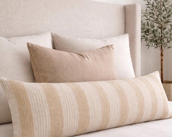 Striped Chenille Lumbar Pillow Cover | 12x36 Neutral Coastal Decor
