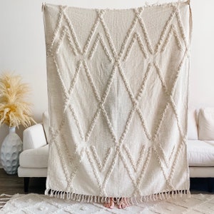 Cozy Boho Chic Woven Throw Blanket with Fringe for Couch , Bohemian Throw, Handmade Throw Blanket