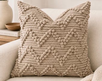 Textured Chenille Pillow Cover 20x20, Dark Beige Tufted Accent Pillow