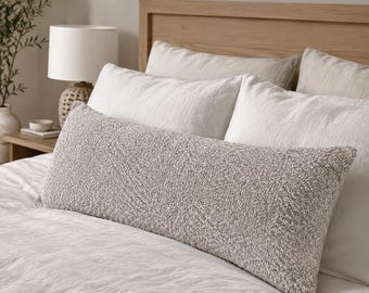 Neutral Textured Lumbar Pillow Cover, Beige Boucle Throw Pillow, Cozy Bed Decor