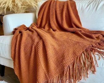 Burnt orange throw blanket, Orange bedroom blanket, Fall throw blanket, Rust Orange fringe throw blanket, Cozy fall blanket