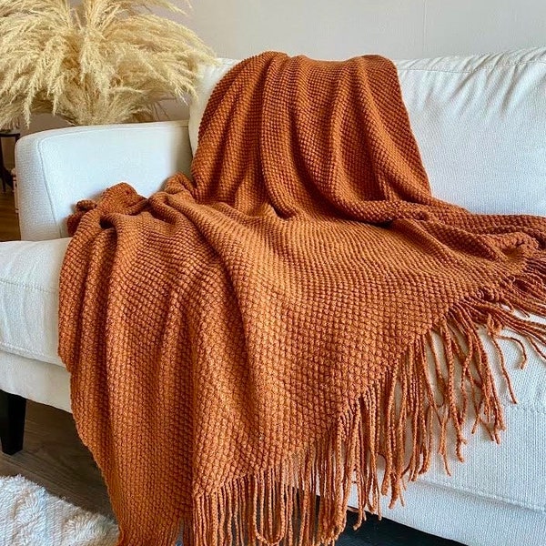 Burnt orange throw blanket, Orange bedroom blanket, Fall throw blanket, Rust Orange fringe throw blanket, Cozy fall blanket