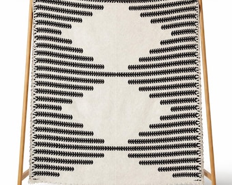 Black and Cream Bohemian Chenille Throw Blanket, Boho Fringe, 71" Square