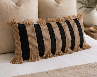 Black Tan Textured Lumbar Pillow Cover 14x26, Boho Fringe Decorative Throw Pillow