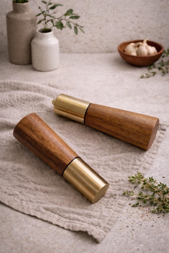 Acacia Wood Salt and Pepper Grinder Set – Gold Mill