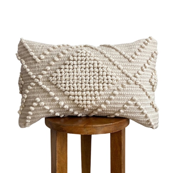 Handmade Kilim Lumbar Pillow Cover 12x20 – Neutral Boho Farmhouse Cushion
