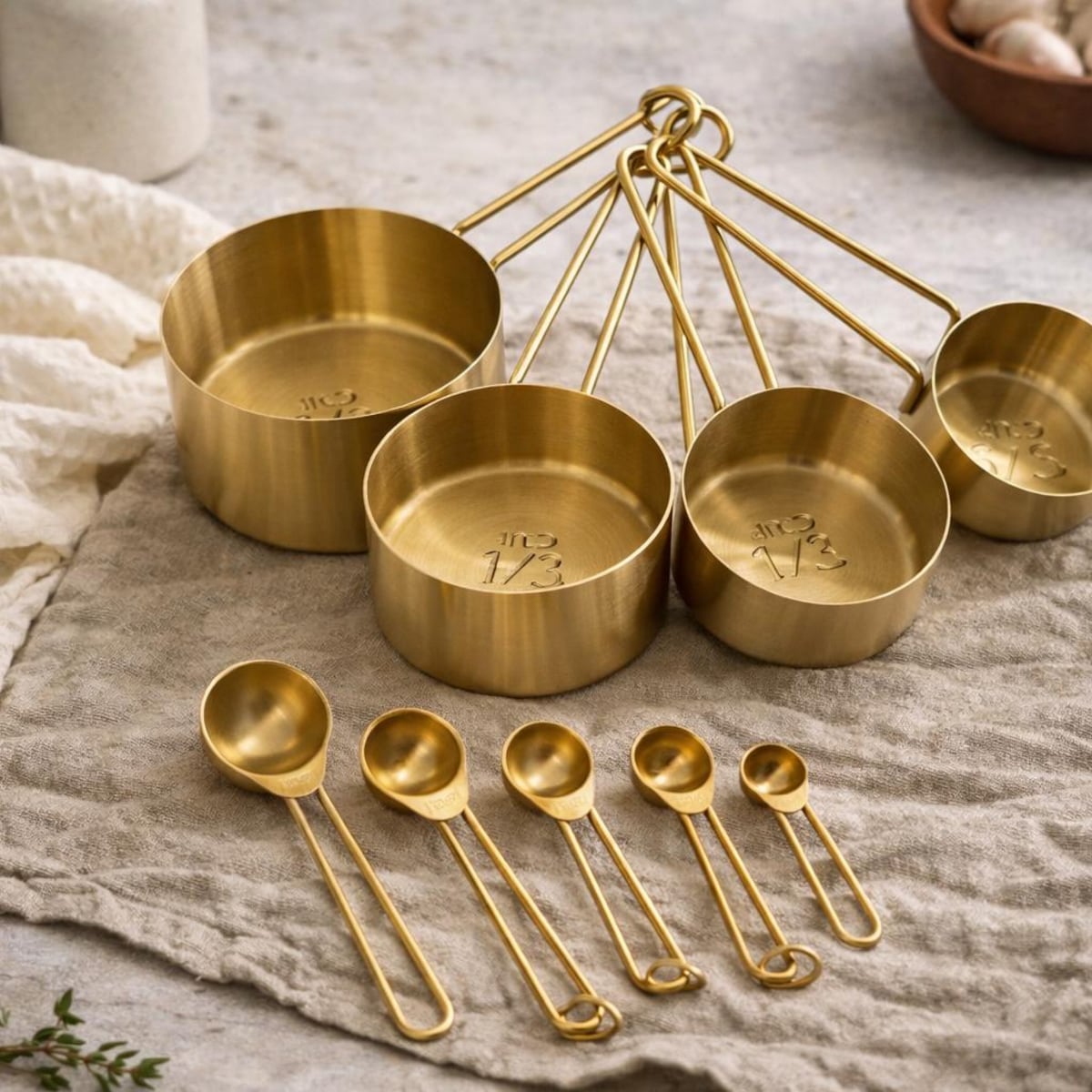 Gold Stainless Steel Measuring Cups and Spoons Set – Modern Kitchen Baking (9-Piece)