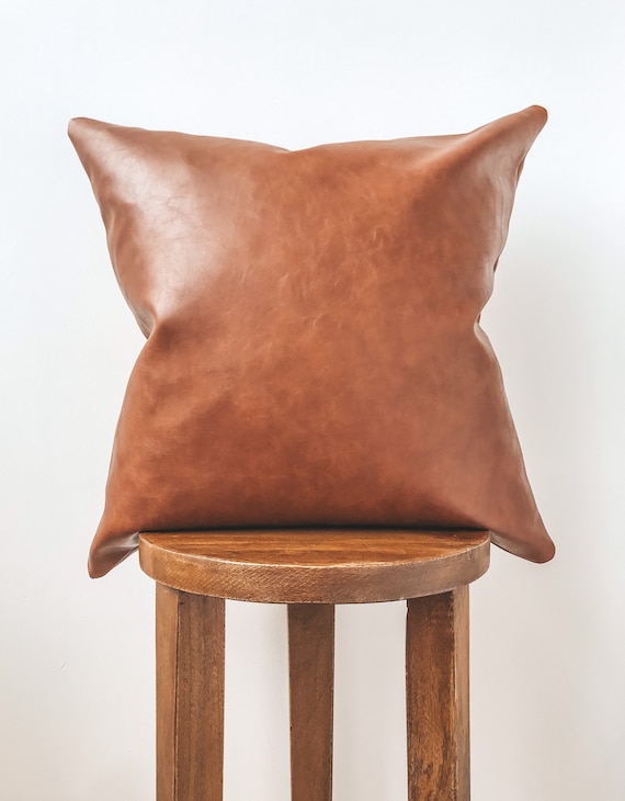 Cognac Vegan Leather Pillow Tan Faux Pin on Faux Leather Pillow