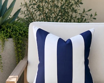Navy Blue Cabana Stripe Outdoor Pillow Cover 18x18 | Coastal Patio Cushion
