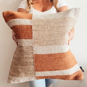 Handmade Kilim Pillow Cover – Rust Beige Block Throw Cushion – Boho Farmhouse Fall Decor