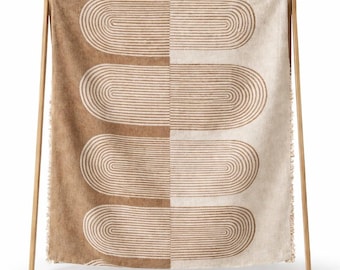 Bohemian Chenille Throw Blanket, Tan & Cream Half Oval Pattern, Handcrafted