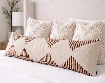 Extra Long Boho Lumbar Pillow, Beige Brown Stripes, 14x36 Inches, Woven Textured Home Decor