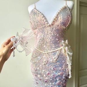 Upcycled Small Readymade Irridescent Peach Mermaid Dress and Matching Clip