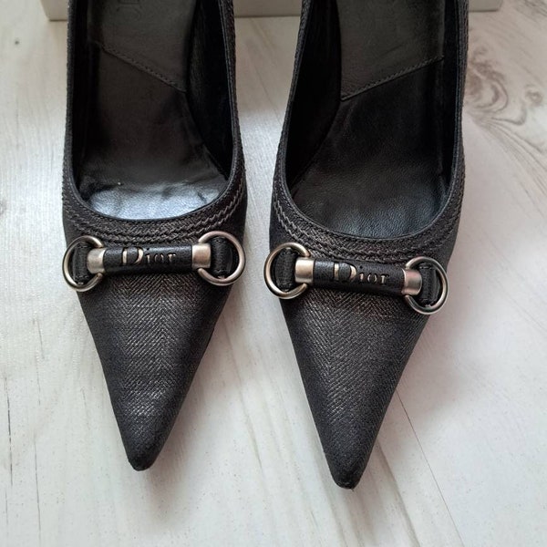 Vintage 90's Christian Dior ladies gunmetal grey logo heels. Fabric high heel shoes pumps size UK 4 EU 37 US 6.5 women