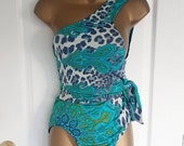 Christian Dior vintage one shoulder animal and paisley print bathing suit. Size Eu 44, UK 16, US 12. Swimming costume tie side