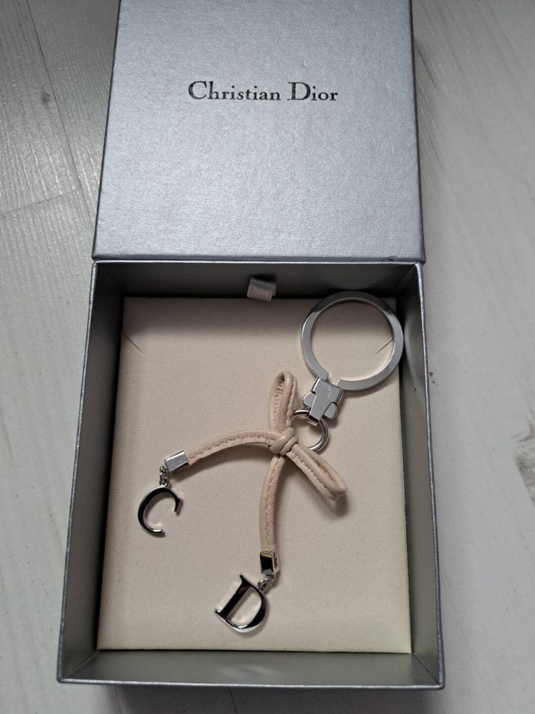 Christian Dior Vintage Keychain Keyring Leather Bow Charm. in Box Gift