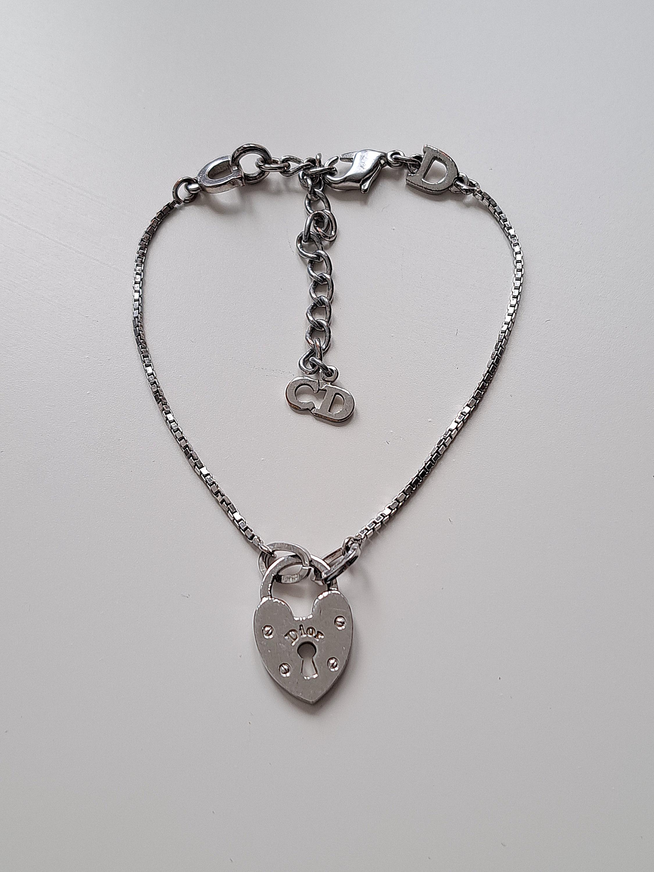 Christian Dior Vintage Love Heart Padlock Bracelet Silver Tone 