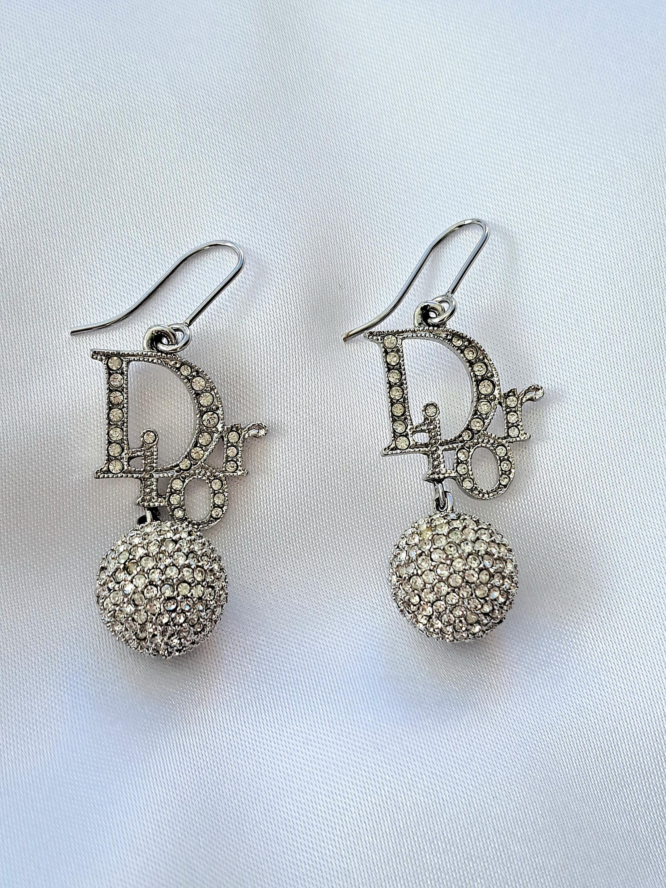 Christian Dior Vintage Logo Oblique Crystal Ball Charm Earrings