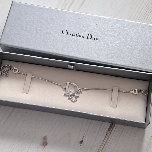 Christian Dior vintage bracelet silver tone Dior word classic name 1990's with box. Monogram spellout charm