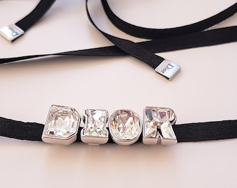 Christian Dior vintage diamante logo self tie ribbon choker necklace 1990's black silver
