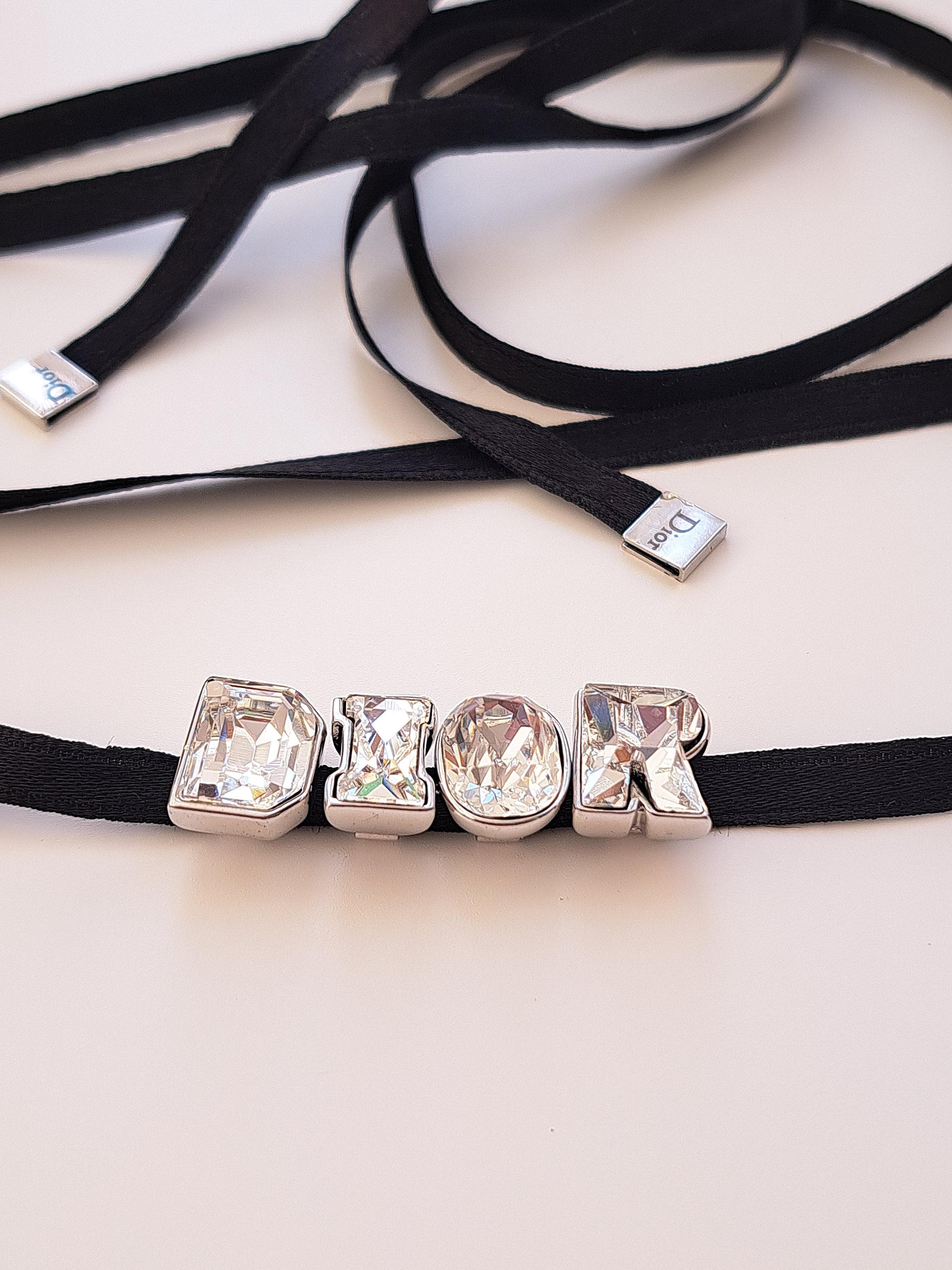 Christian Dior Vintage Diamante Logo Self Tie Ribbon Choker