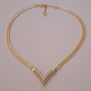 Christian Dior vintage choker necklace 1980&#39;s gold diamante v design. Signed Chr.Dior in original box