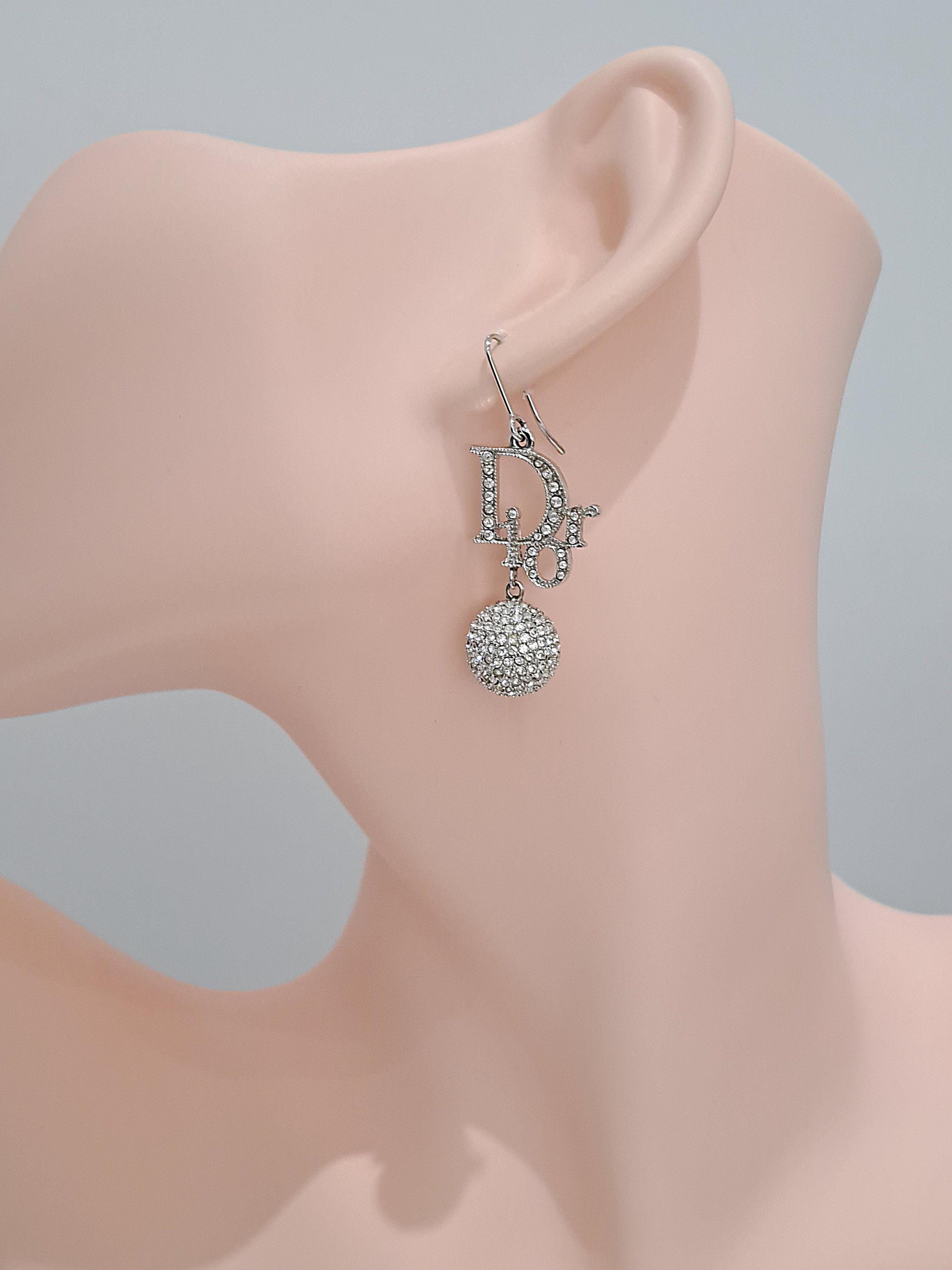 Christian Dior Vintage Logo Oblique Crystal Ball Charm Earrings