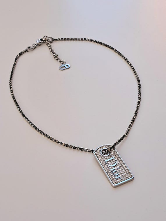 Christian Dior Vintage Diamante Dog Tag Pendant Necklace