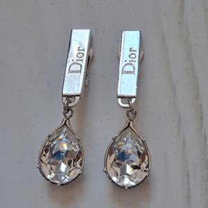 Christian Dior vintage logo tear drop clip on earrings. 1990&#39;s, Silver tone