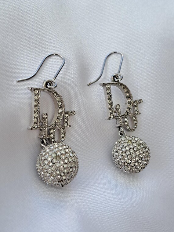 Christian Dior Vintage Logo Oblique Crystal Ball Charm Earrings